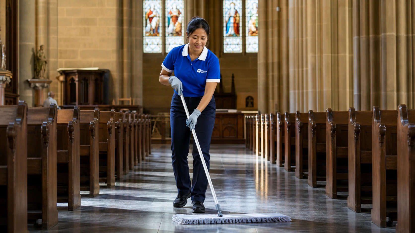 Clean Best cleaner hand-polishing a timber pew inside a Sydney NSW parish church