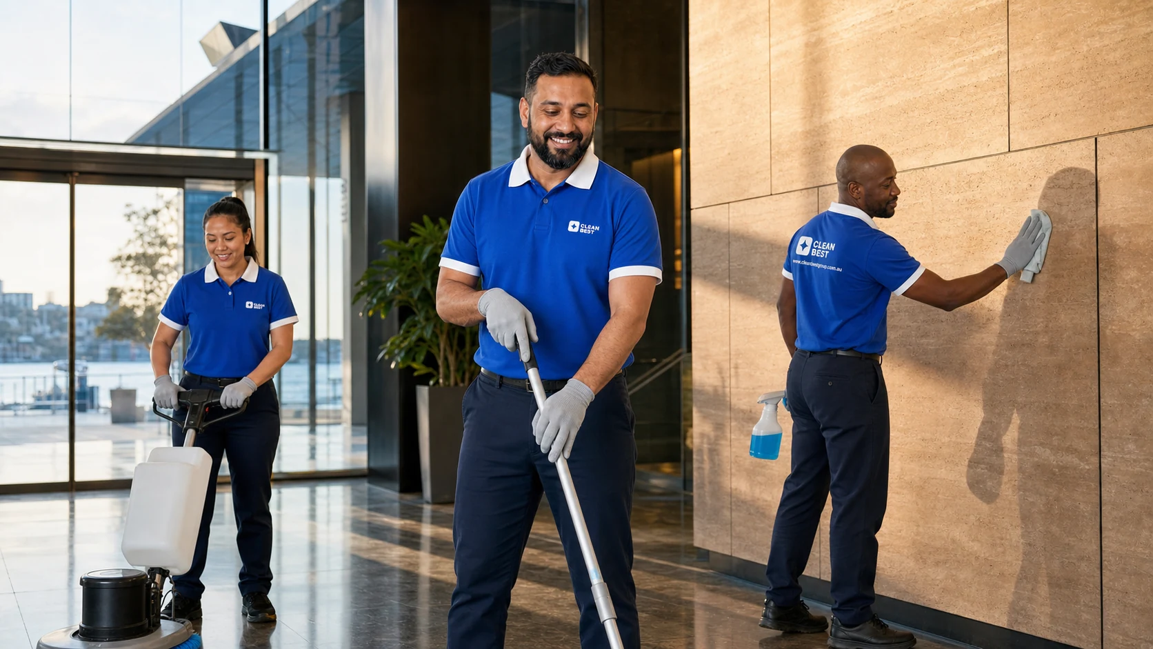 Clean Best commercial cleaner working a tower floor at dusk in the Sydney CBD NSW