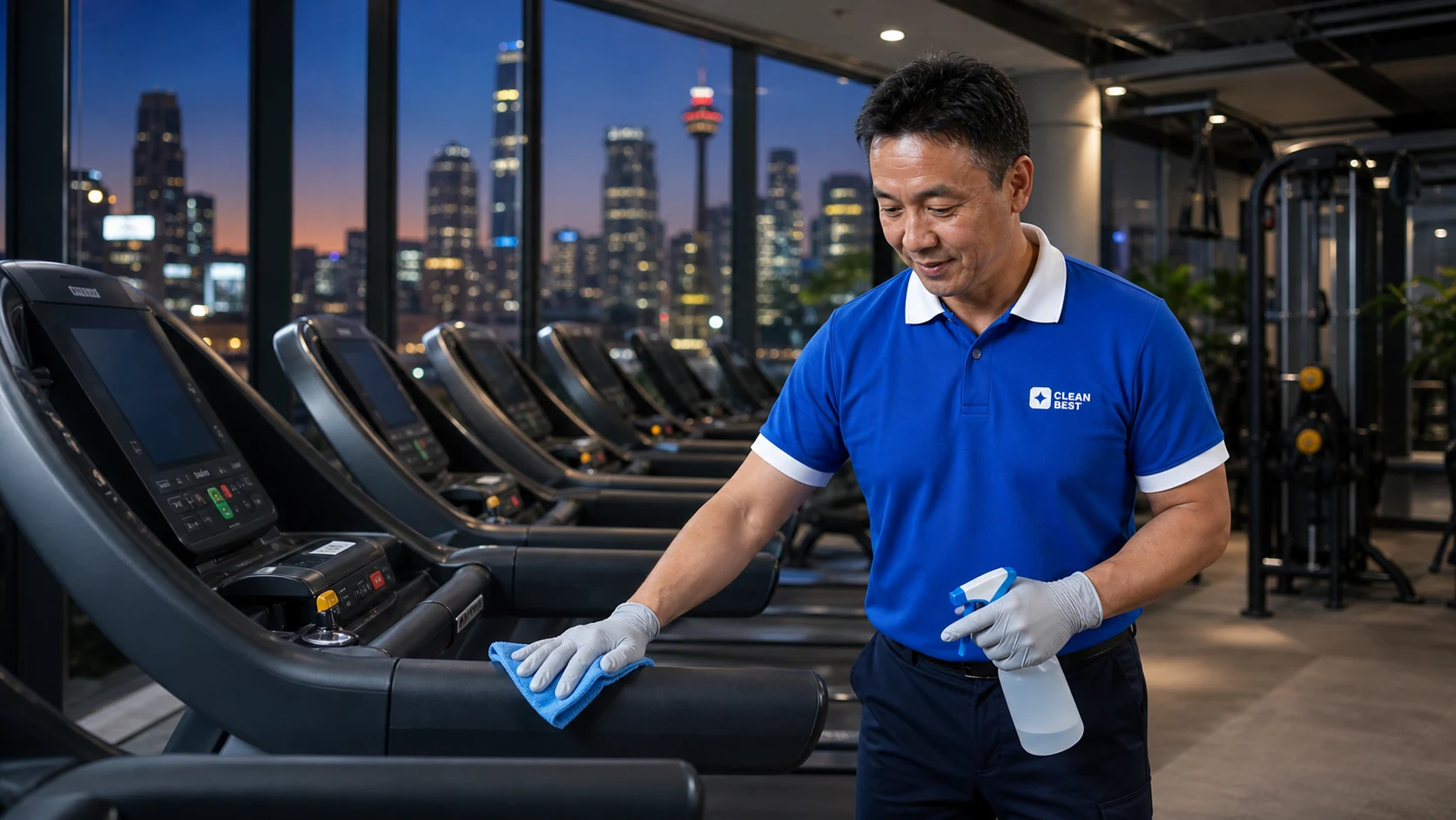 Clean Best cleaner wiping down equipment in a Sydney gym before opening NSW