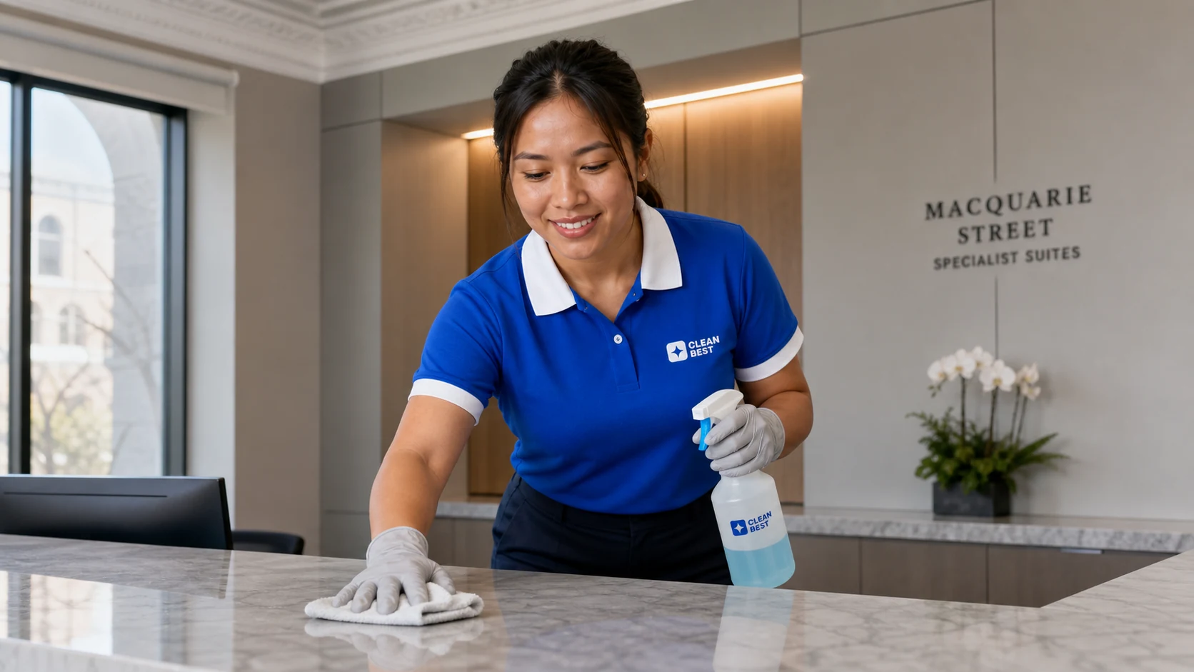 Clean Best cleaner disinfecting a consult room bench in a Sydney medical centre NSW