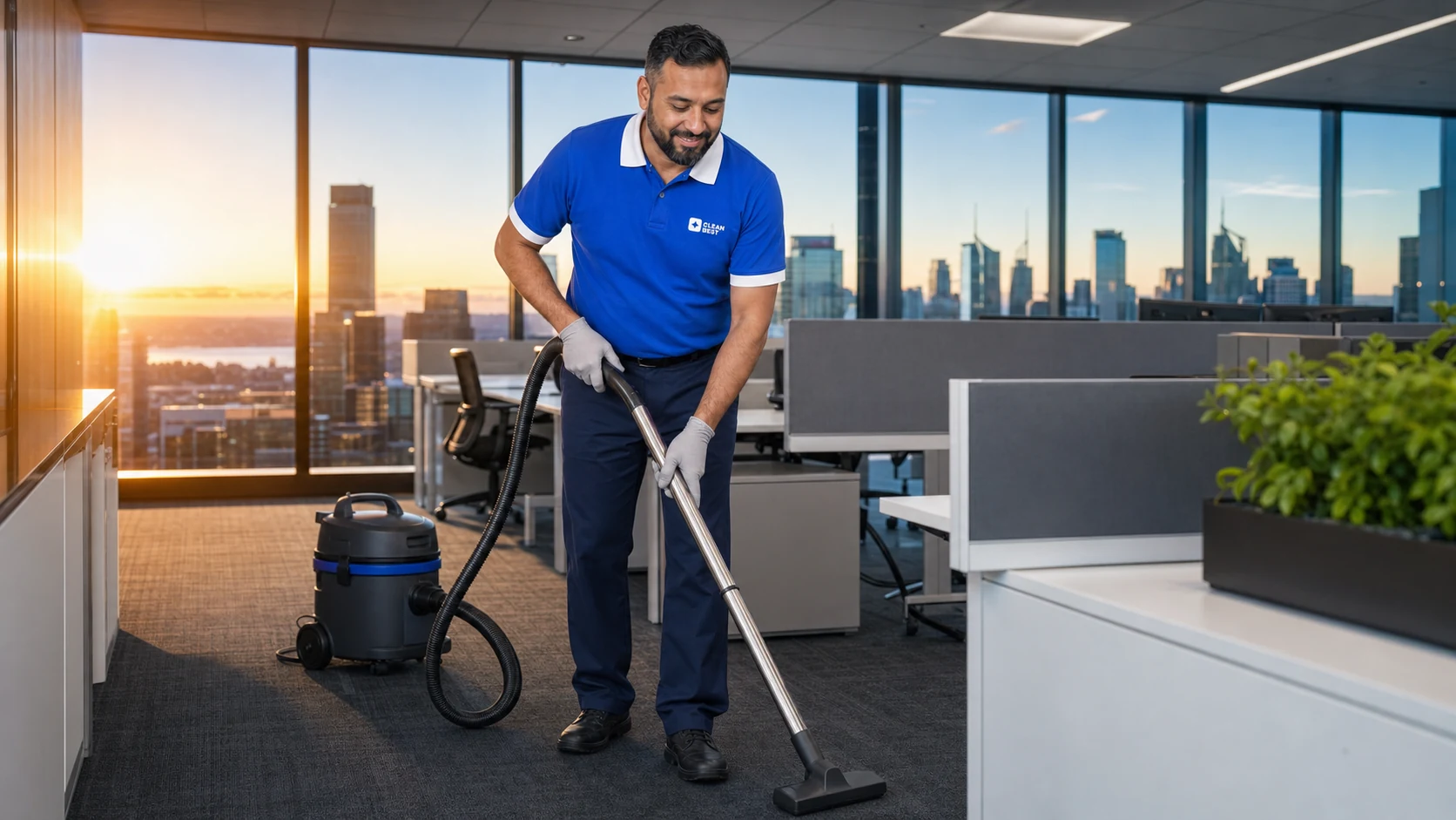 Clean Best cleaner wiping down desks in an open-plan Sydney office NSW