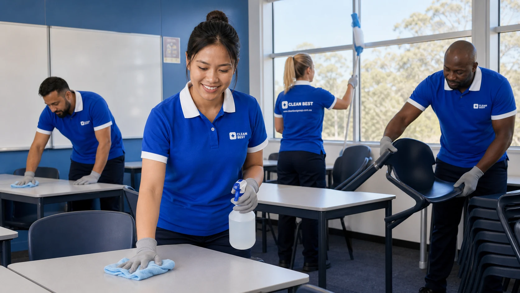 Clean Best cleaner mopping a classroom floor at a Sydney school NSW