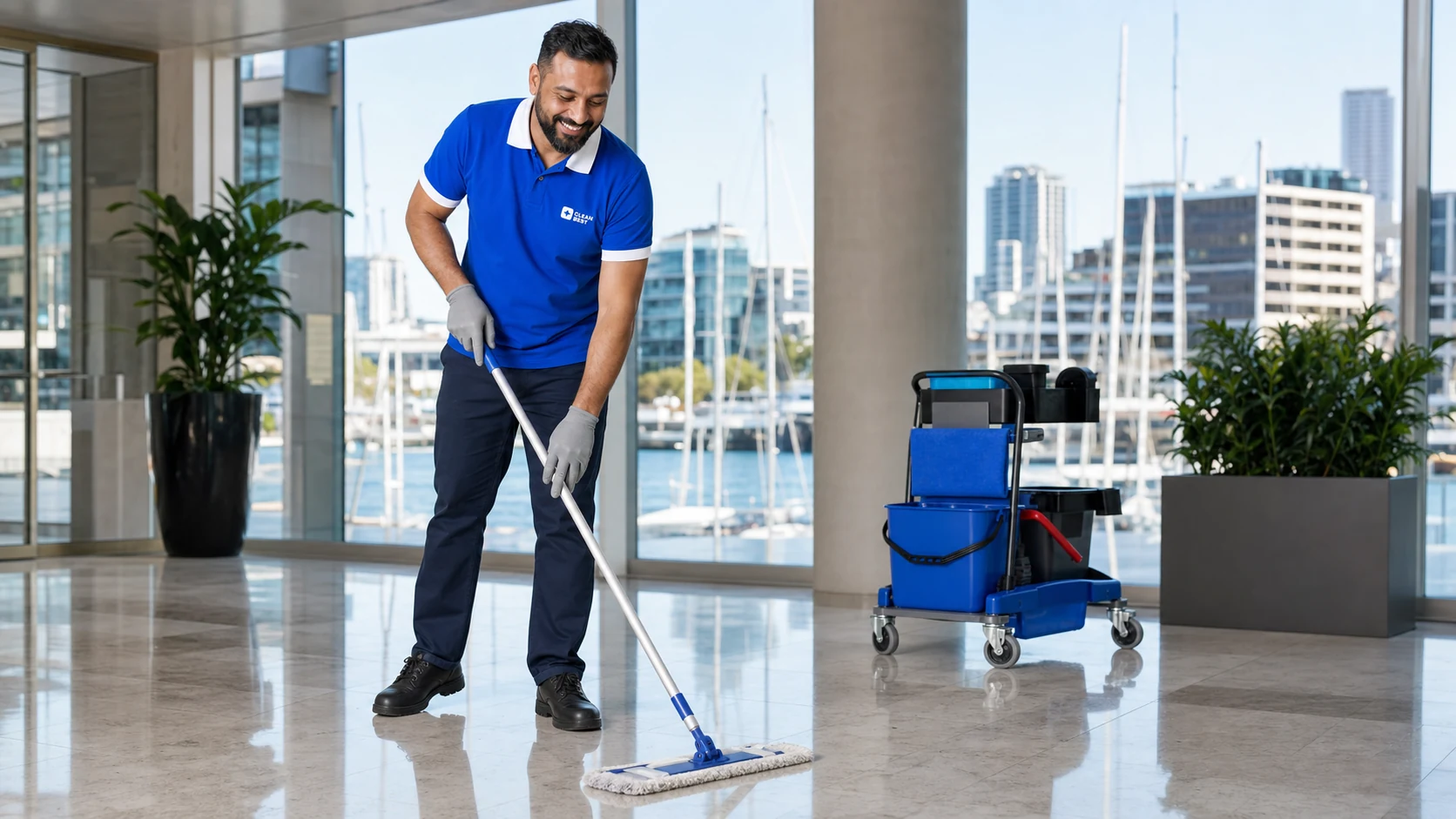 Clean Best cleaner mopping the foyer of a Sydney apartment building NSW